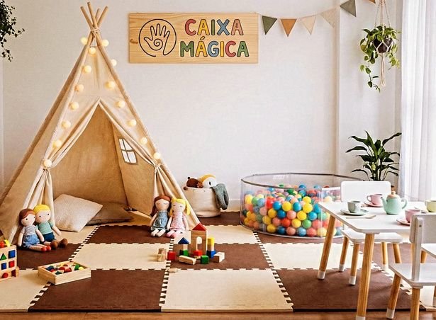 Espaço kids com teepee, piscina de bolinhas e placa de madeira Caixa Mágica
