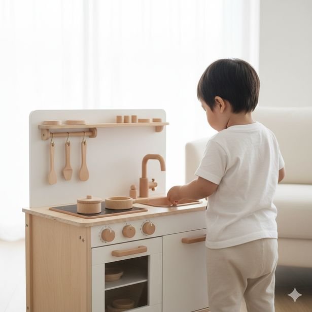 Criança brincando na cozinha de madeira